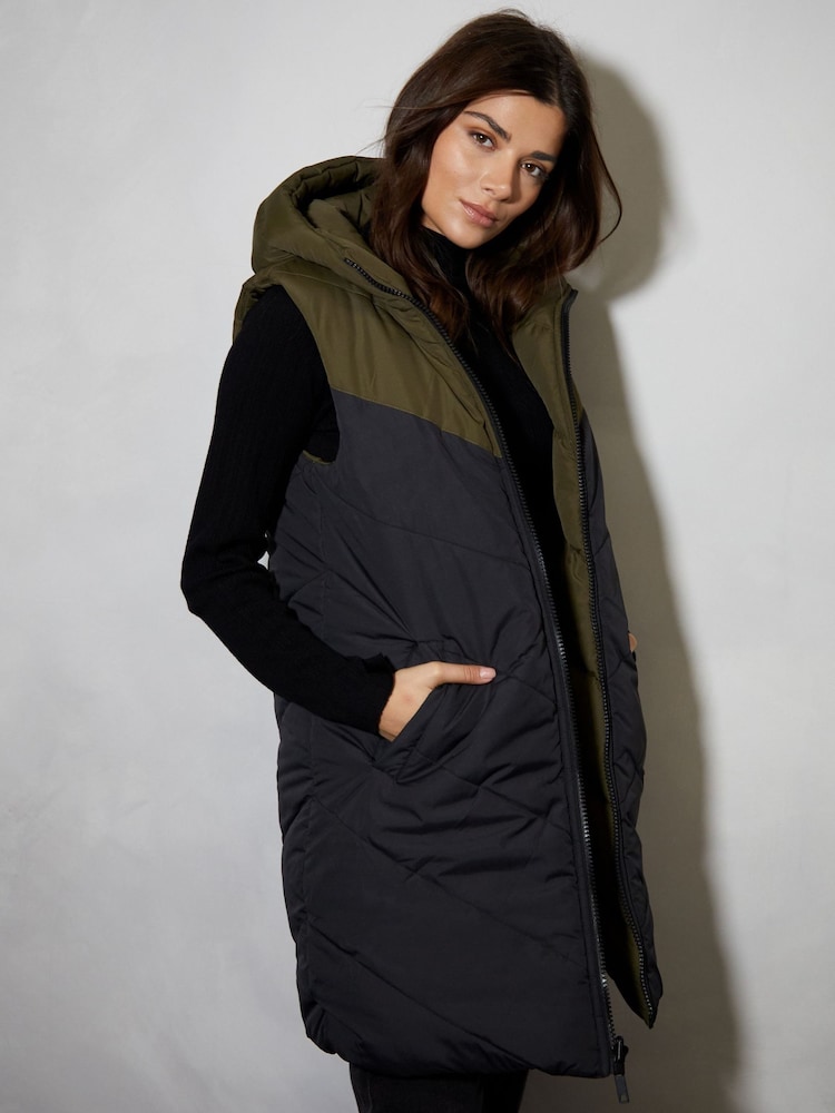 Threadbare Green Threadbare Longline Hooded Padded Gilet - Image 1 of 4