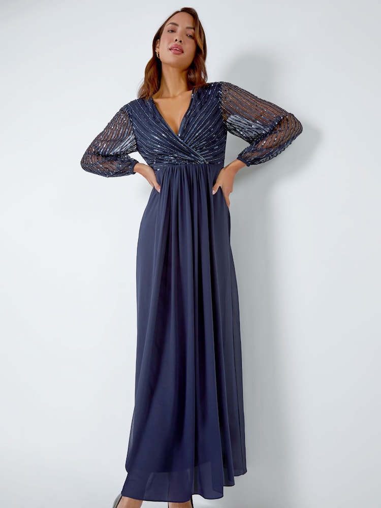 Roman Blue Sparkle Bead Embellished Maxi Dress - Image 1 of 5