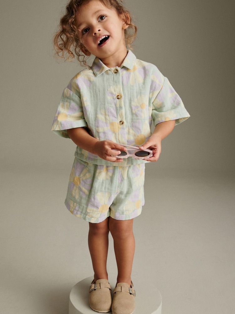 Mint Floral Print Shirt and Shorts Set (3mths-7yrs) - Image 1 of 6 Mint Floral Print Shirt and Shorts Set (3mths-7yrs) - Image 1 of 6