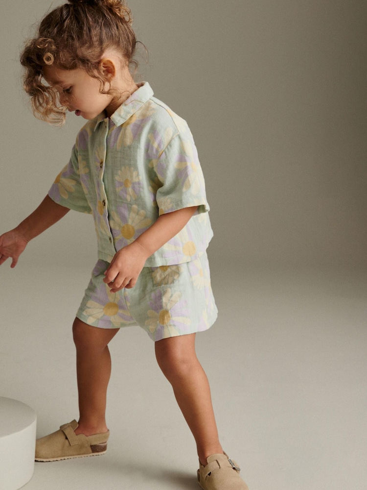 Mint Floral Print Shirt and Shorts Set (3mths-7yrs) - Image 2 of 6 Mint Floral Print Shirt and Shorts Set (3mths-7yrs) - Image 2 of 6