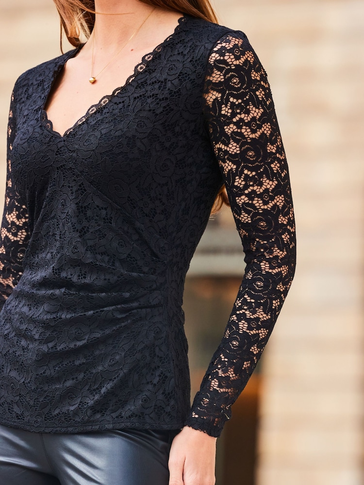 Sosandar Black Lace Detail Fitted Top - Image 5 of 5