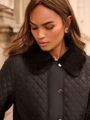 Love & Roses Black Padded Fur Collar Mid Length Coat - Image 2 of 5