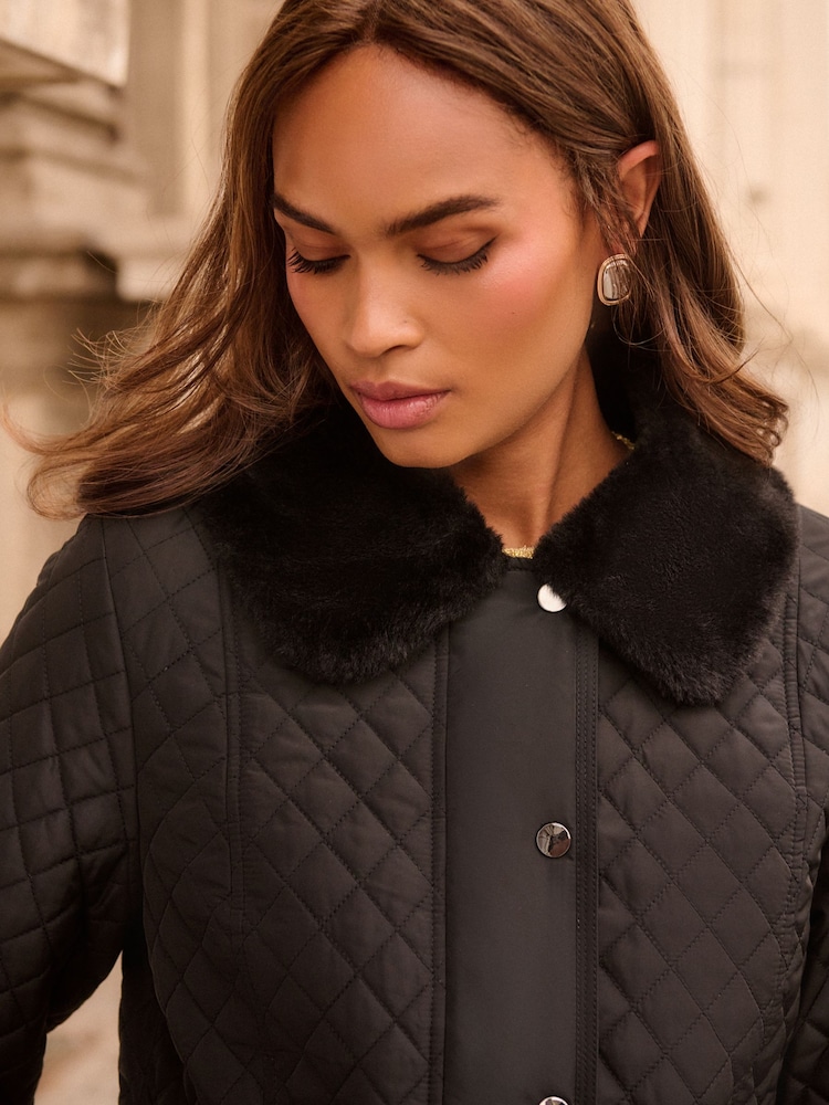 Love & Roses Black Padded Fur Collar Mid Length Coat - Image 2 of 5