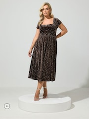 Yours Curve Brown London Crushed Velvet Glitter Skater Dress - Image 1 of 6