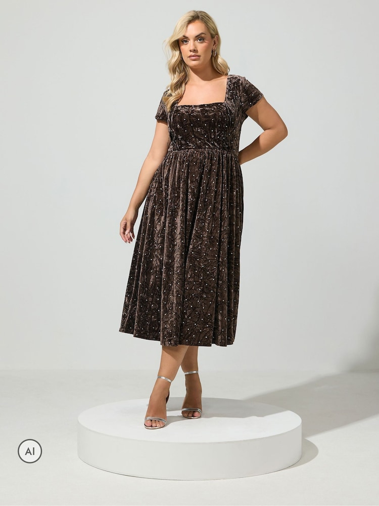 Yours Curve Brown London Crushed Velvet Glitter Skater Dress - Image 1 of 6 Yours Curve Brown London Crushed Velvet Glitter Skater Dress - Image 1 of 6