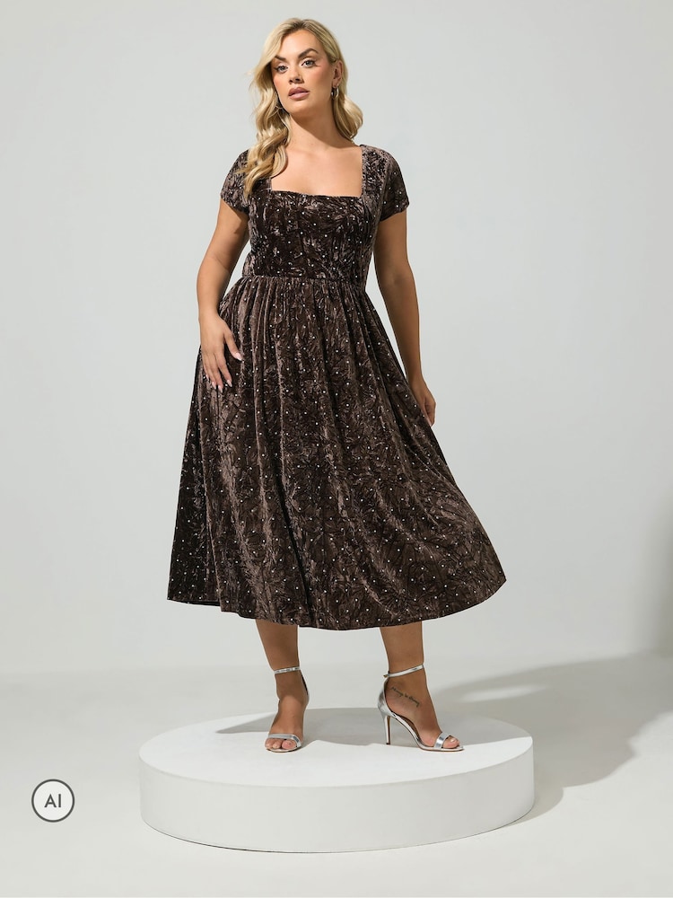 Yours Curve Brown London Crushed Velvet Glitter Skater Dress - Image 2 of 6 Yours Curve Brown London Crushed Velvet Glitter Skater Dress - Image 2 of 6