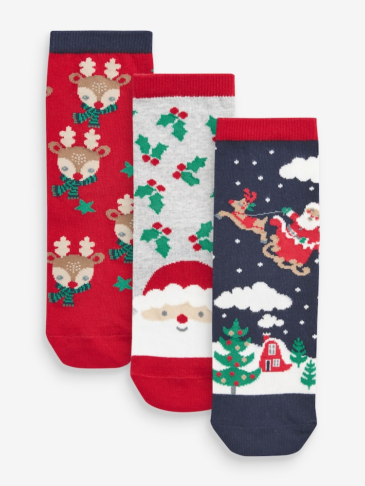 marine - Lot de 3 chaussettes en coton riche en scène de Père Noël - Image 1 of 4