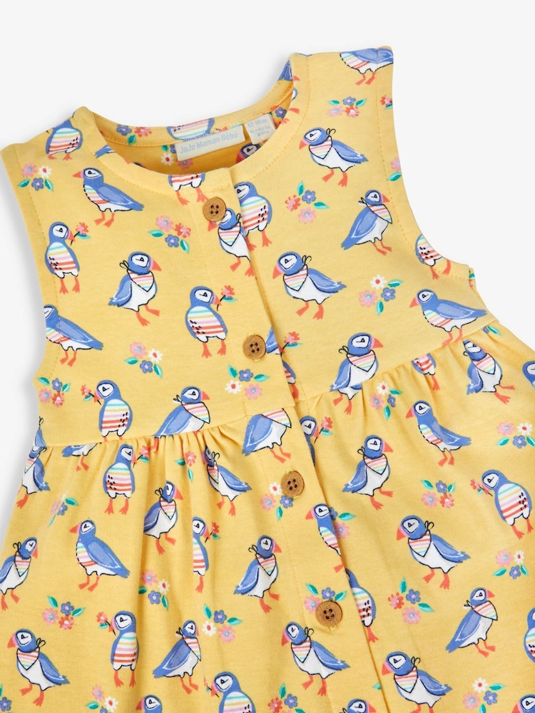 JoJo Maman Bébé Yellow Puffin Print Button Through Dress - Image 5 of 5