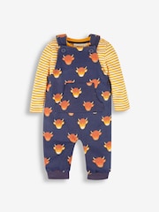 JoJo Maman Bébé Navy Blue Highland Cow Dungarees & Stripe Top Set - Image 1 of 5