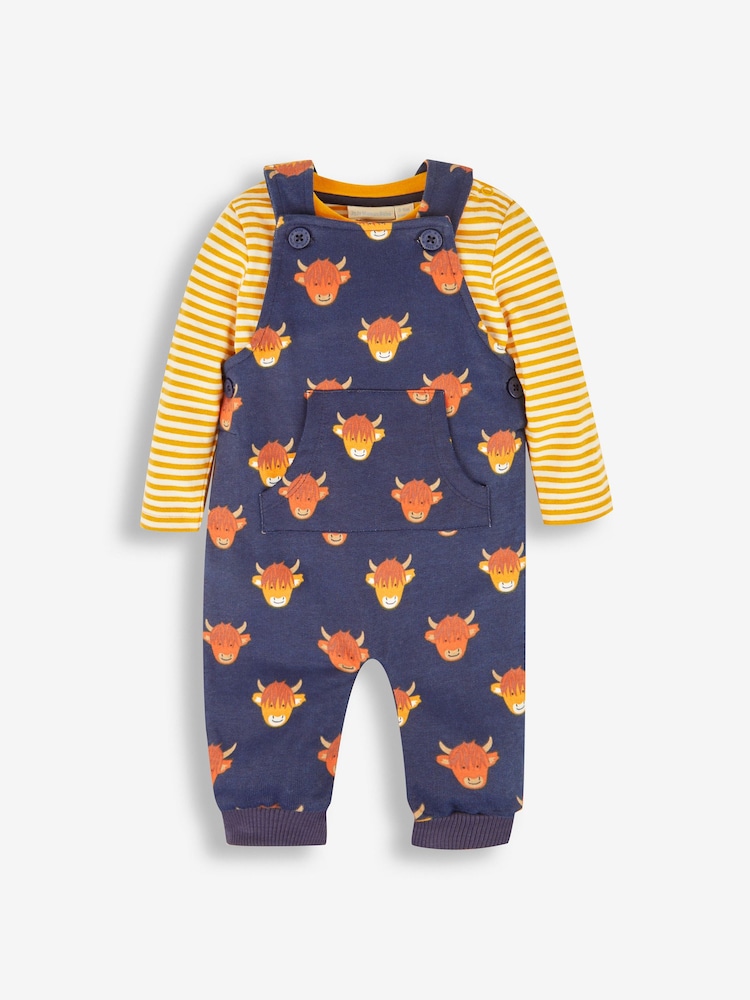 JoJo Maman Bébé Navy Blue Highland Cow Dungarees & Stripe Top Set - Image 1 of 5