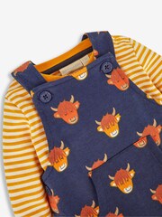 JoJo Maman Bébé Navy Blue Highland Cow Dungarees & Stripe Top Set - Image 5 of 5