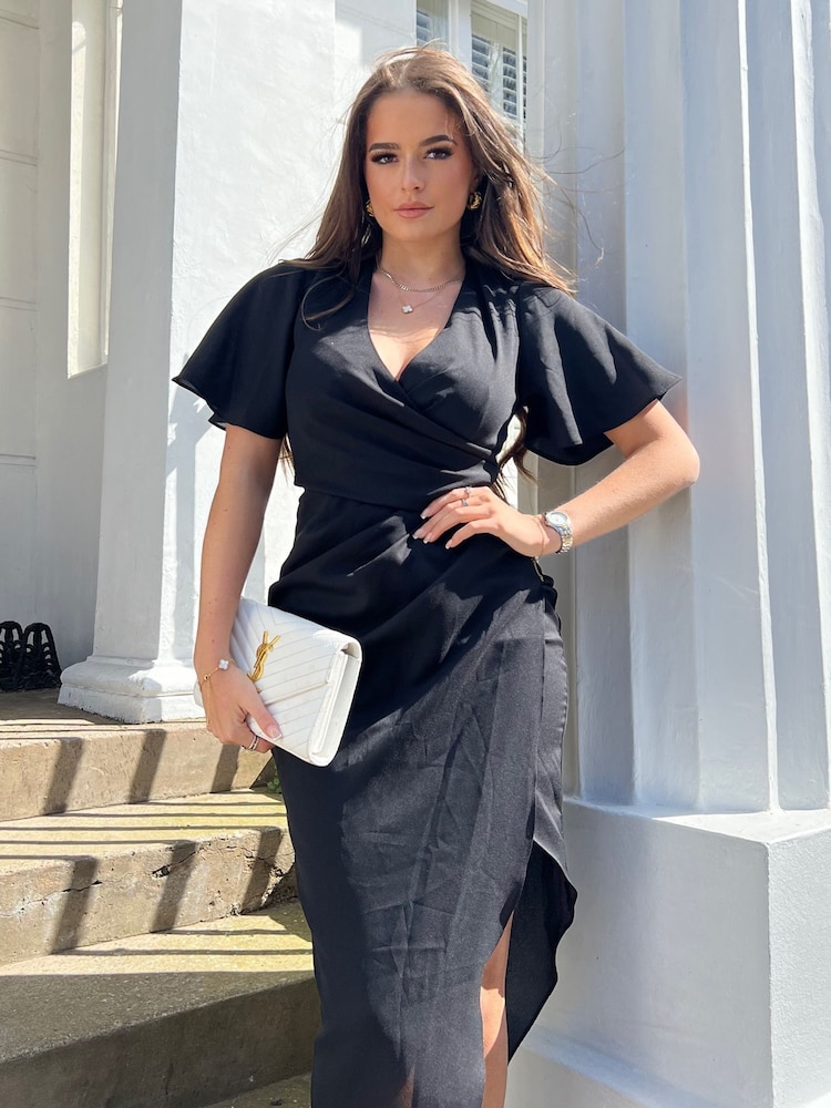 Girl In Mind Black Natasha Angel Sleeve Wrap Midi Dress - Image 4 of 4