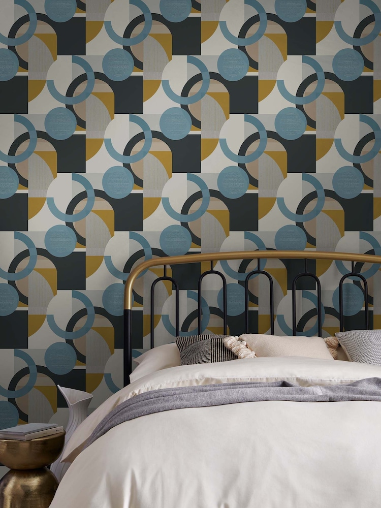 Blue Retro Geometric Shapes 10M Wallpaper - Image 1 of 4 Blue Retro Geometric Shapes 10M Wallpaper - Image 1 of 4