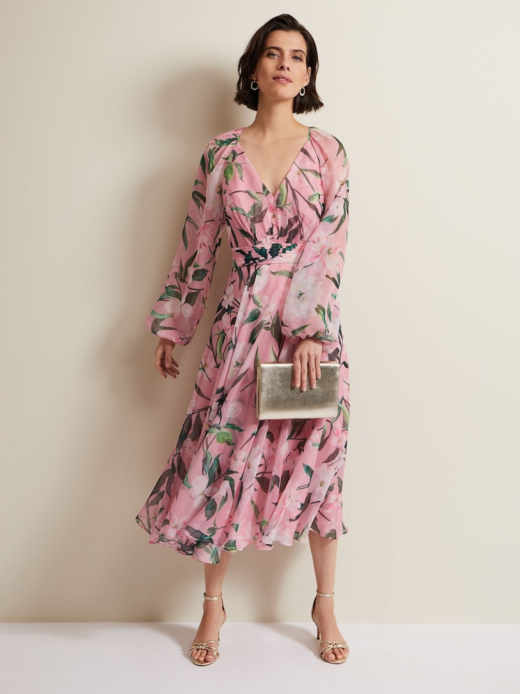 Phase Eight Pink Petite Lina Printed Midi Dress - Image 2 of 7