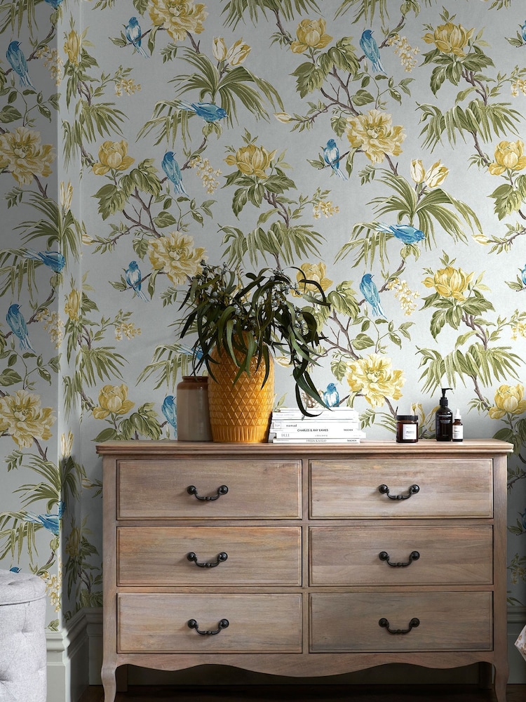 Papel pintado de pájaros y flores en malva - Imagen 1 de 4