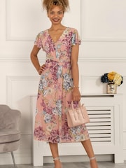 Jolie Moi Pink Scarlett Cap Sleeve Mesh Midi Dress - Image 1 of 6