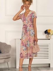Jolie Moi Pink Scarlett Cap Sleeve Mesh Midi Dress - Image 4 of 6