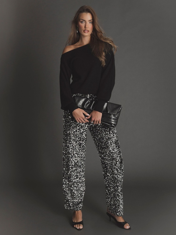 Threadbare Grey Wide Leg Sequin Wide Leg Trousers - Image 1 of 5 Threadbare Grey Wide Leg Sequin Wide Leg Trousers - Image 1 of 5