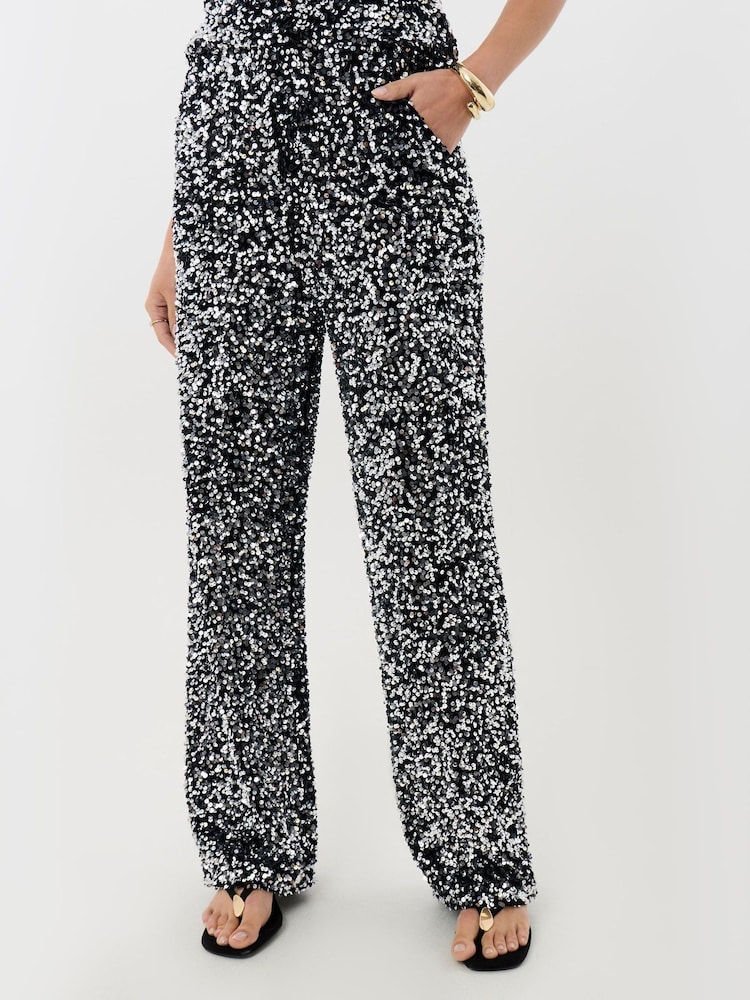 Threadbare Grey Wide Leg Sequin Wide Leg Trousers - Image 2 of 5 Threadbare Grey Wide Leg Sequin Wide Leg Trousers - Image 2 of 5