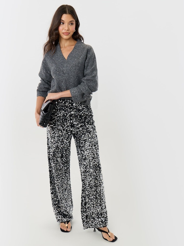 Threadbare Grey Wide Leg Sequin Wide Leg Trousers - Image 5 of 5 Threadbare Grey Wide Leg Sequin Wide Leg Trousers - Image 5 of 5