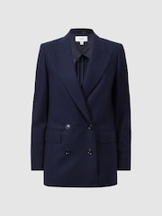 Reiss Navy Lorena Wool Flannel Double Breasted Blazer - Image 2 of 5