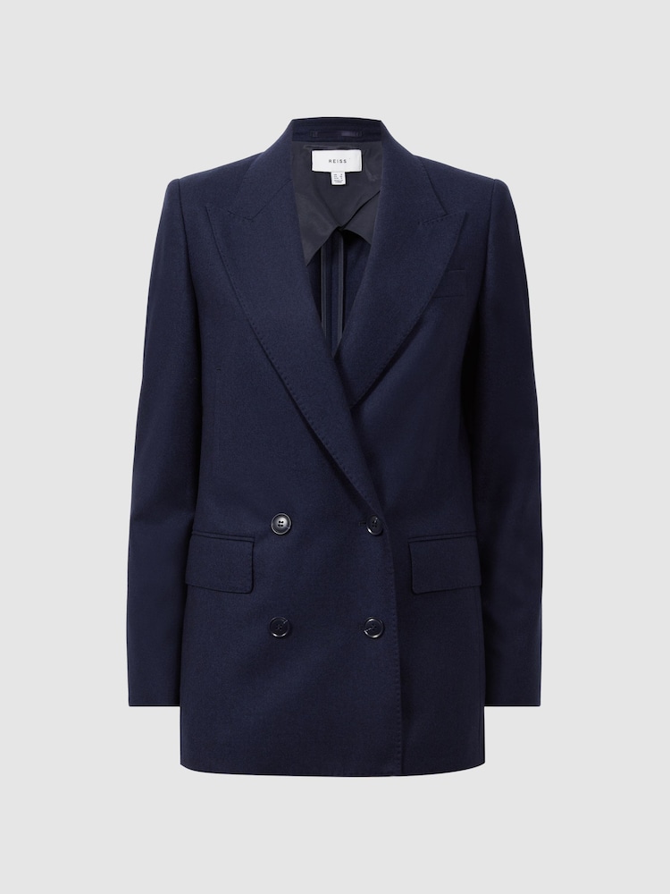 Reiss Navy Lorena Wool Flannel Double Breasted Blazer - Image 2 of 5