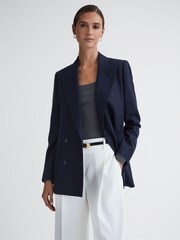 Reiss Navy Lorena Wool Flannel Double Breasted Blazer - Image 3 of 5