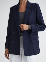 Reiss Navy Lorena Wool Flannel Double Breasted Blazer - Image 4 of 5