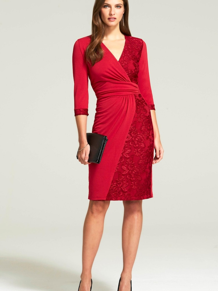 HotSquash Red Lace Detail Jersey Wrap Dress - Image 1 of 1 HotSquash Red Lace Detail Jersey Wrap Dress - Image 1 of 1