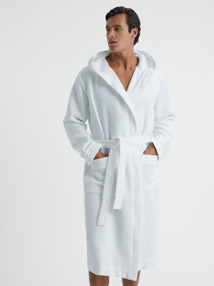 Reiss White Coastal Textured Cotton Hooded Dressing Gown - Image 1 of 4