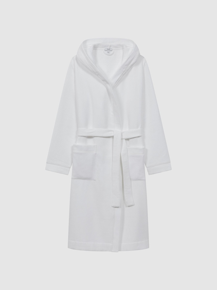 Reiss White Coastal Textured Cotton Hooded Dressing Gown - Image 2 of 4