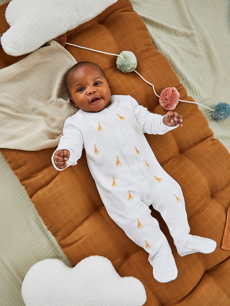 JoJo Maman Bébé Giraffe Embroidered Cotton Baby Sleepsuit - Image 1 of 1