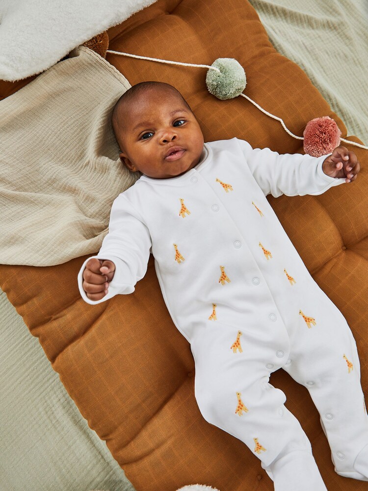 JoJo Maman Bébé Giraffe Embroidered Cotton Baby Sleepsuit - Image 2 of 5