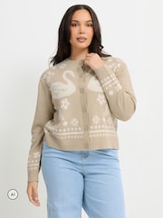 Yours Curve Brown Limited Swan Knitted Cardigan - Image 1 of 6