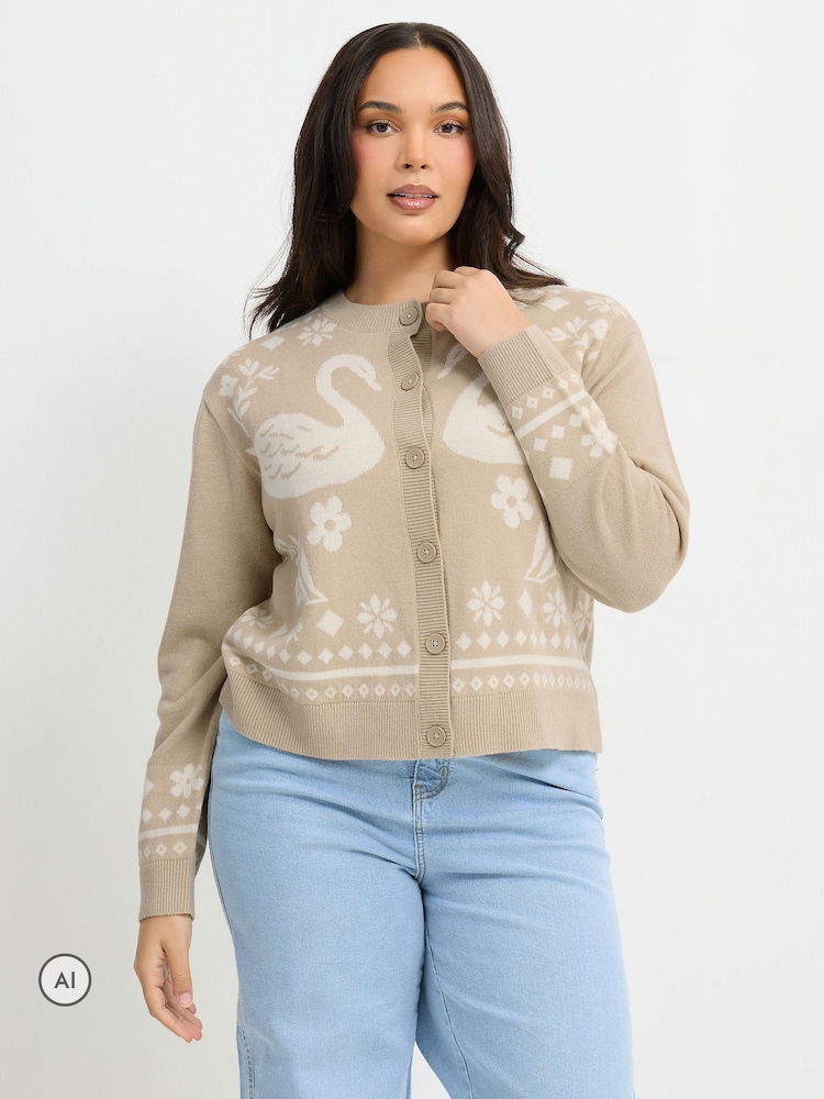 Yours Curve Brown Limited Swan Knitted Cardigan - Image 1 of 6