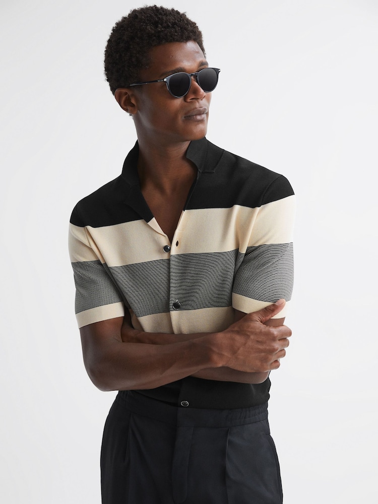 Reiss Black Seville Striped Cuban Collar Button Through T-Shirt - Image 1 of 5
