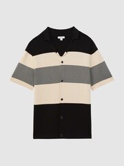 Reiss Black Seville Striped Cuban Collar Button Through T-Shirt - Image 2 of 5