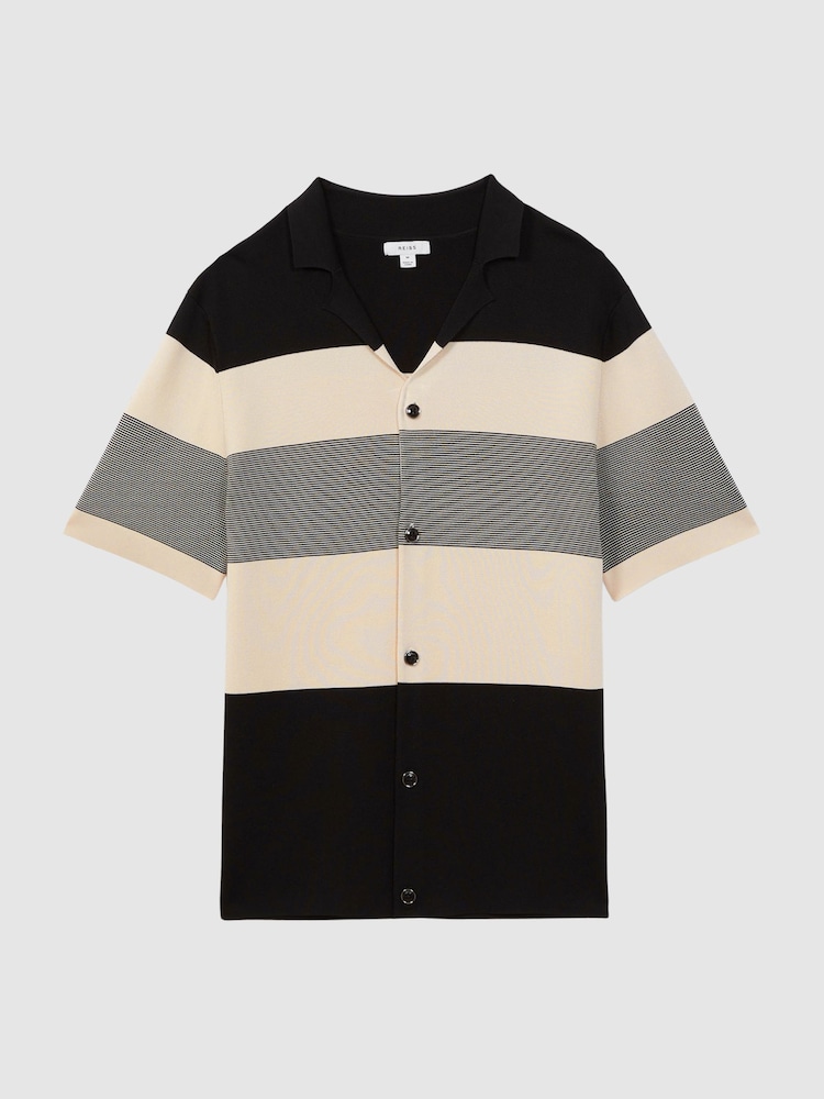 Reiss Black Seville Striped Cuban Collar Button Through T-Shirt - Image 2 of 5