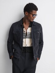 Reiss Black Seville Striped Cuban Collar Button Through T-Shirt - Image 4 of 5