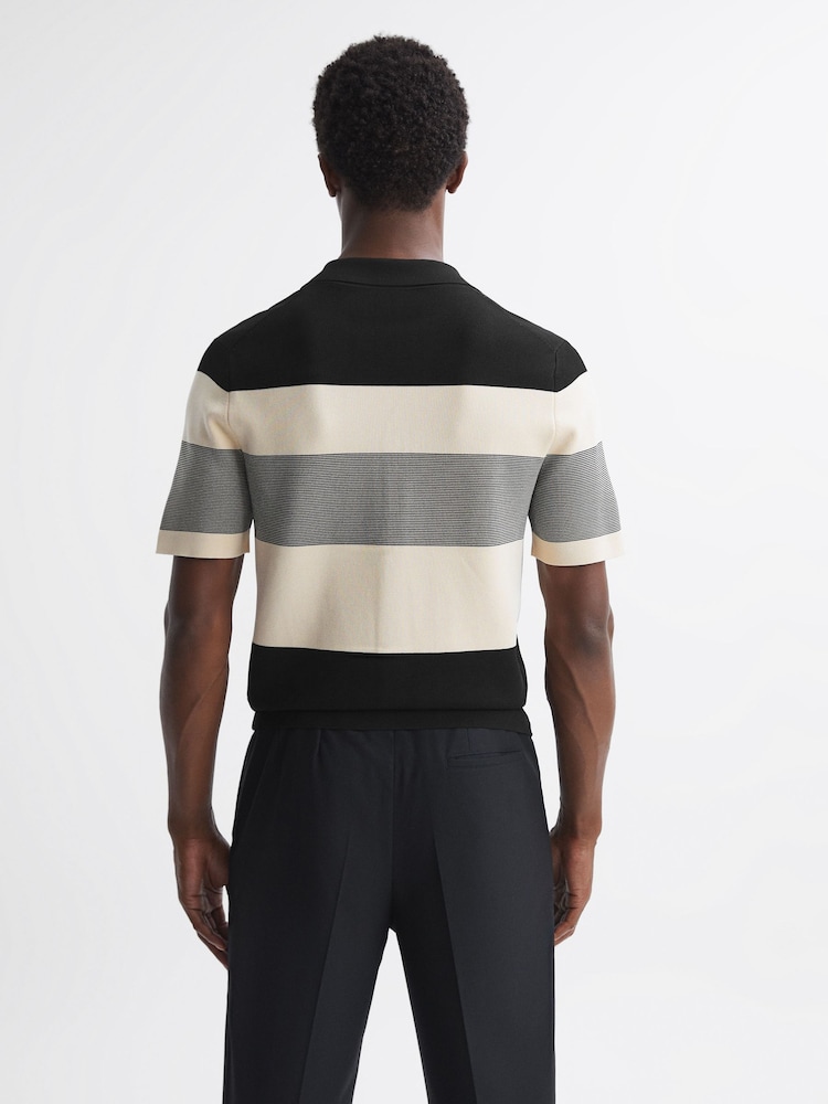 Reiss Black Seville Striped Cuban Collar Button Through T-Shirt - Image 5 of 5