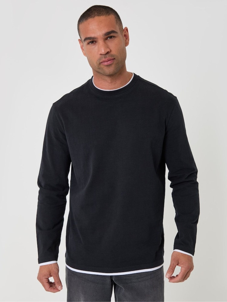 Threadbare Black Relaxed Fit Mock Layer Long Sleeve T-Shirt - Image 1 of 4 Threadbare Black Relaxed Fit Mock Layer Long Sleeve T-Shirt - Image 1 of 4