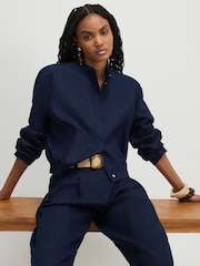 River Island Blue Linen Blend Tailored Bomber Jacket - Image 1 of 4