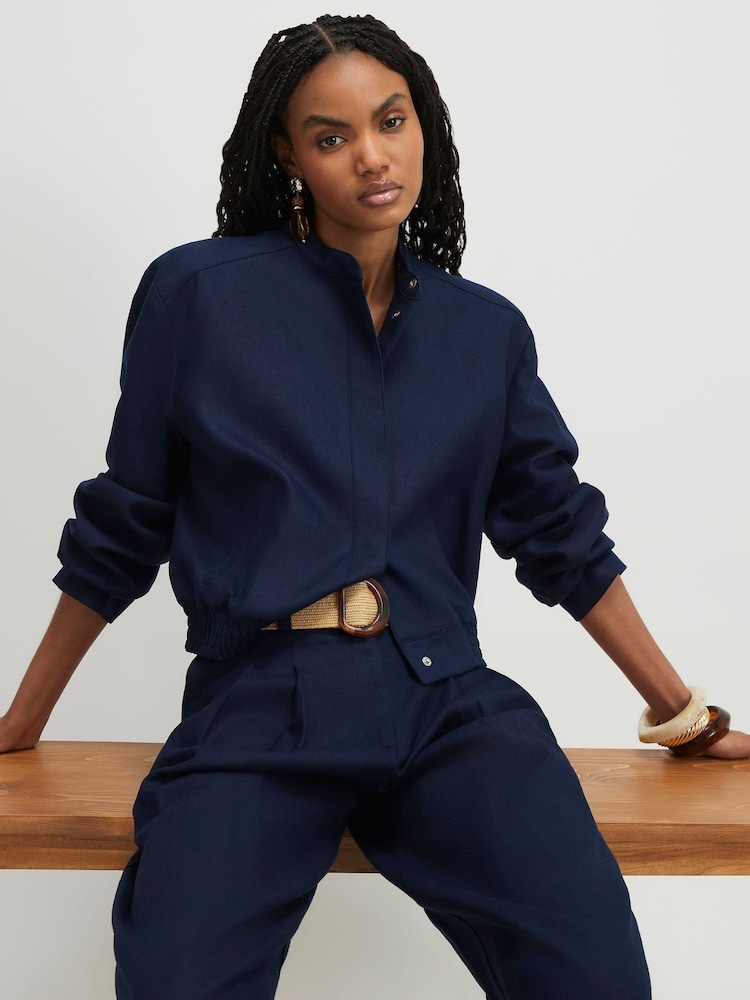 River Island Blue Linen Blend Tailored Bomber Jacket - Image 1 of 4 River Island Blue Linen Blend Tailored Bomber Jacket - Image 1 of 4