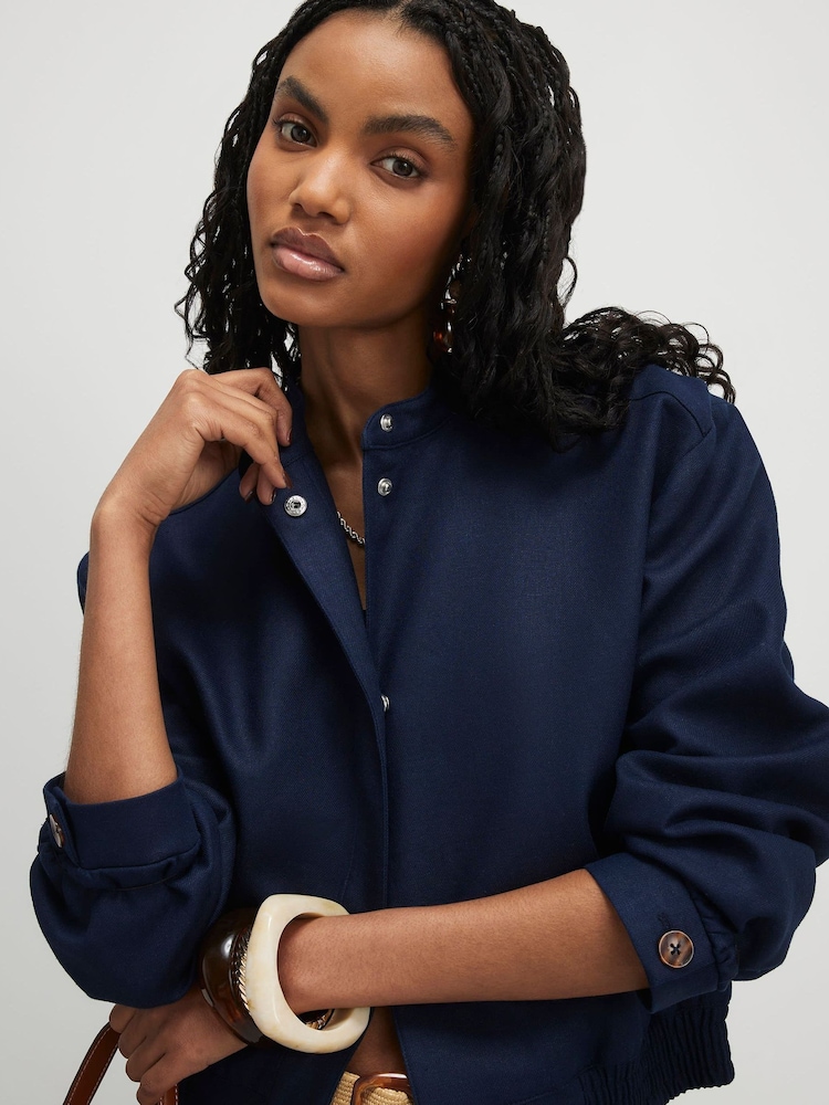 River Island Blue Linen Blend Tailored Bomber Jacket - Image 2 of 4 River Island Blue Linen Blend Tailored Bomber Jacket - Image 2 of 4