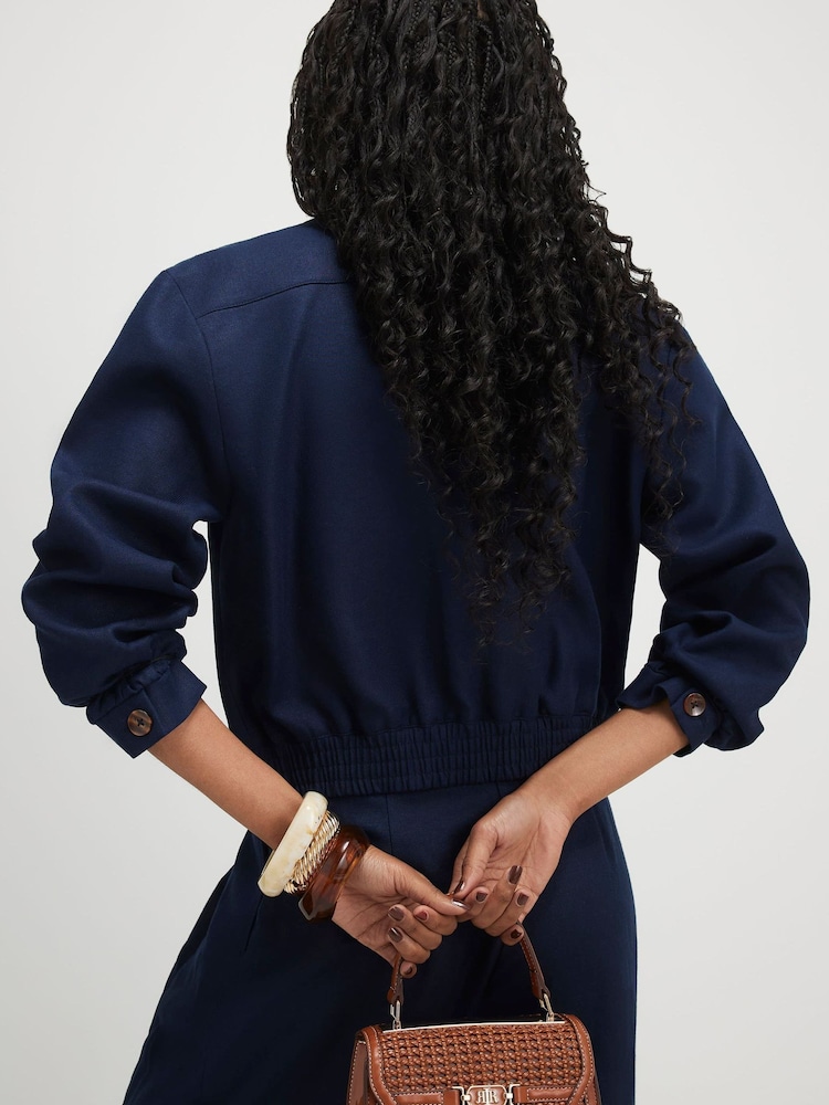 River Island Blue Linen Blend Tailored Bomber Jacket - Image 4 of 4 River Island Blue Linen Blend Tailored Bomber Jacket - Image 4 of 4