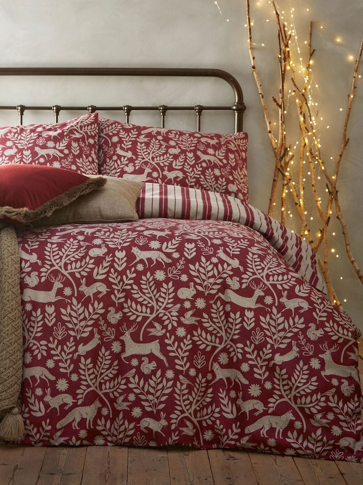 Furn Burgundy Red Skandi Woodland Brushed 100% Cotton Stag Reversible Christmas Duvet Cover and Pillowcase Set - Image 1 of 2