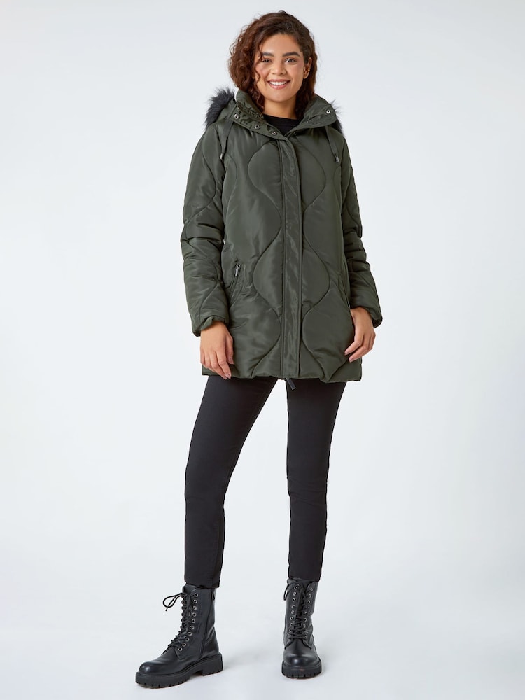 Roman Green Quilted Faux Fur Hooded Coat - Image 2 of 5