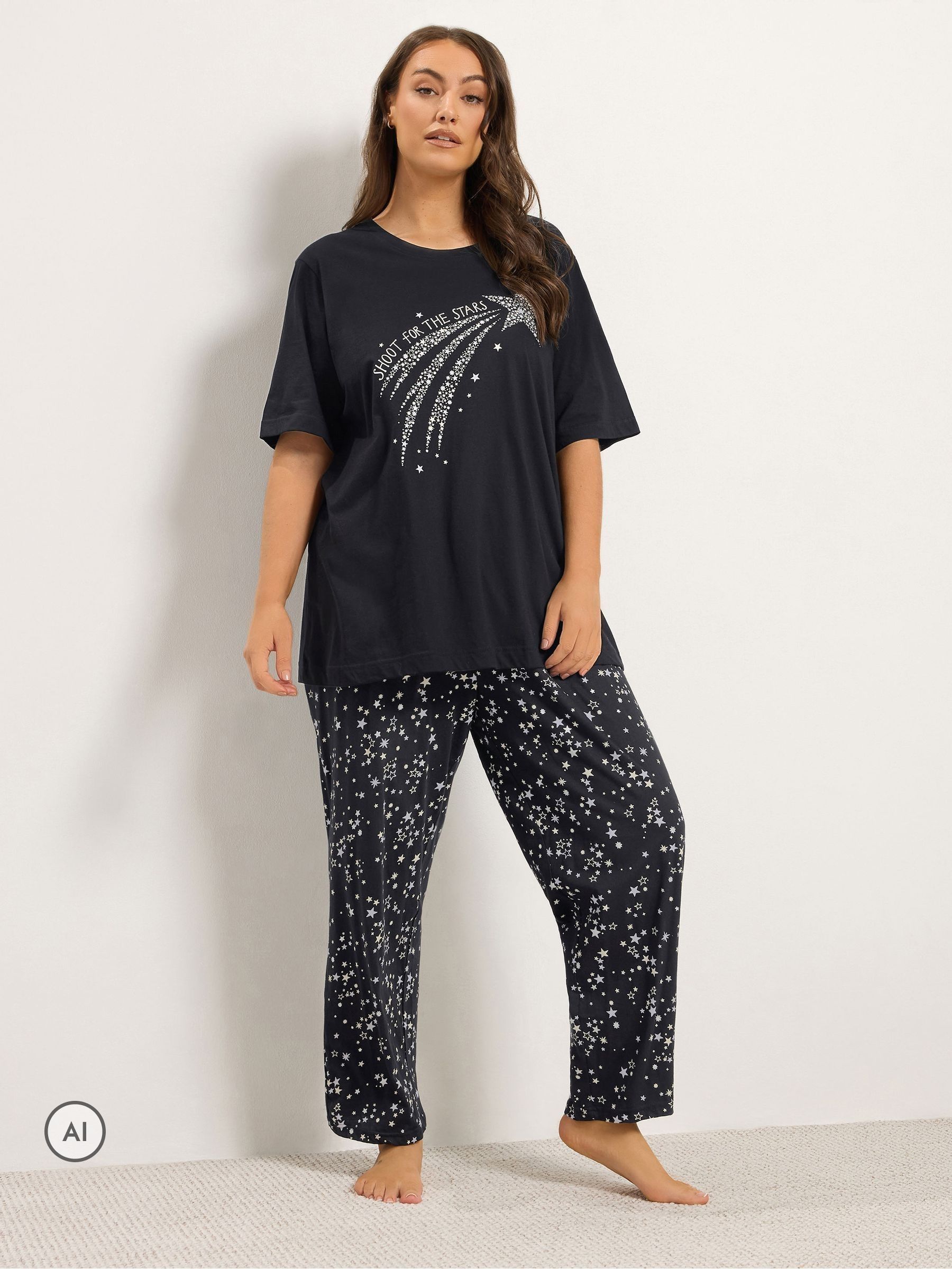 Yours Women's Black Shooting Star Wide Leg Pyjama Set In | Size: 38/40 - Image 3
