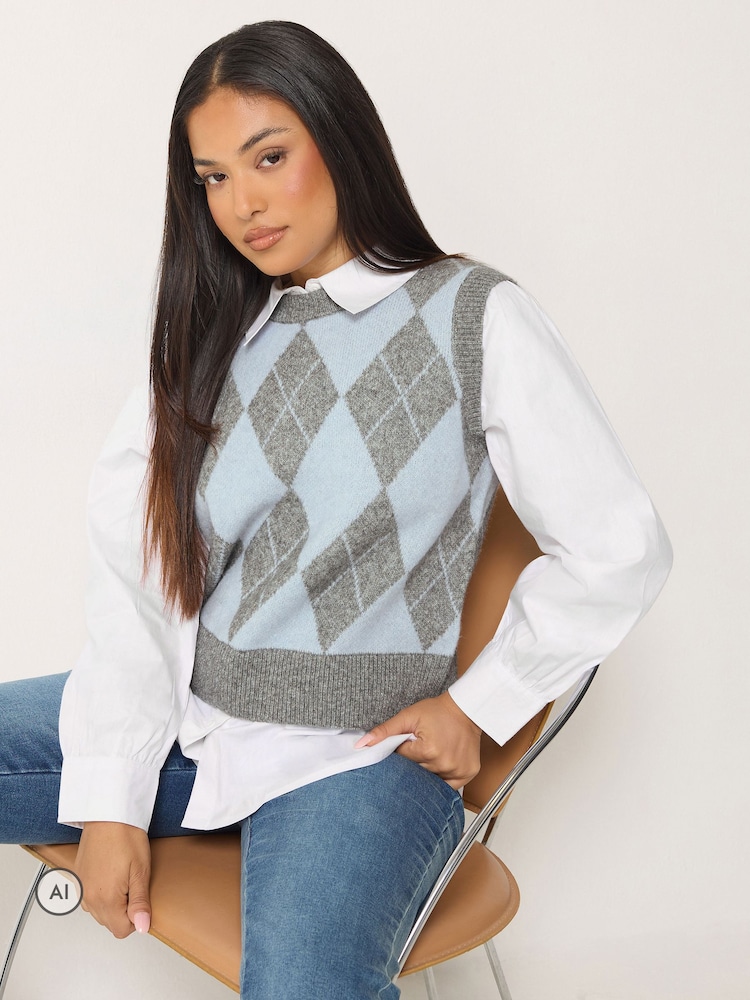 M&Co Light Blue Petite Argyle 2 In 1 Jumper - Image 1 of 6 M&Co Light Blue Petite Argyle 2 In 1 Jumper - Image 1 of 6