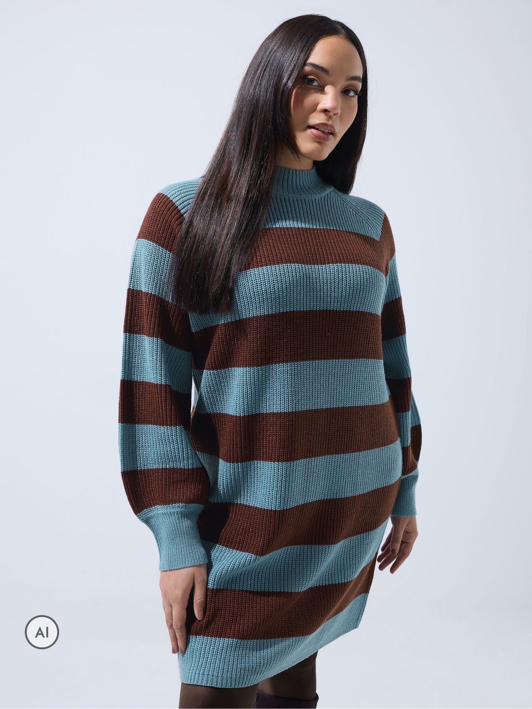 Yours Women's Blue Striped High Neck Jumper In | : 26/28 - Image 2